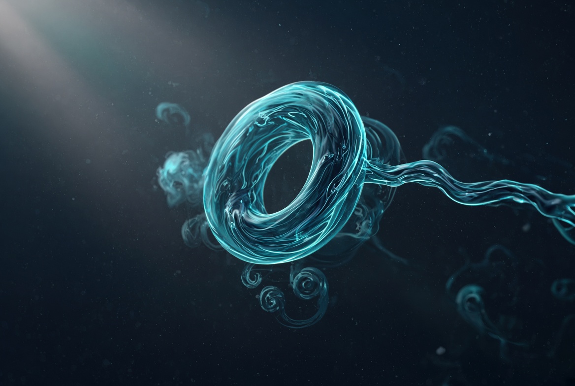 A luminous ring of water suspended in dark space